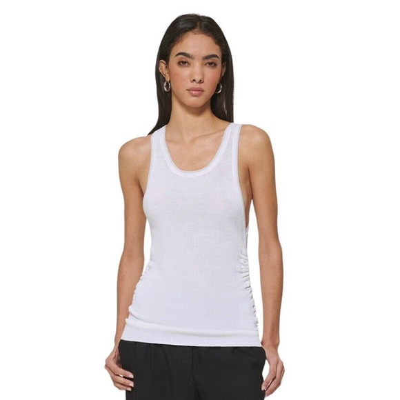 DKNY Women's Ruched Scoop-Neck Metallic-Trim Tank Top Medium White NWT - Picture 1 of 9